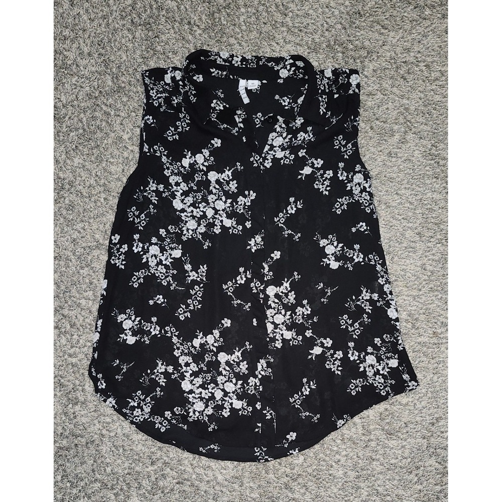 ELLE Womens Black White Floral‎ Sleeveless Button Down Blouse Top XS